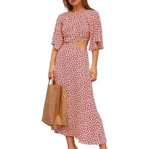 Floral Red and White Cutout Dress